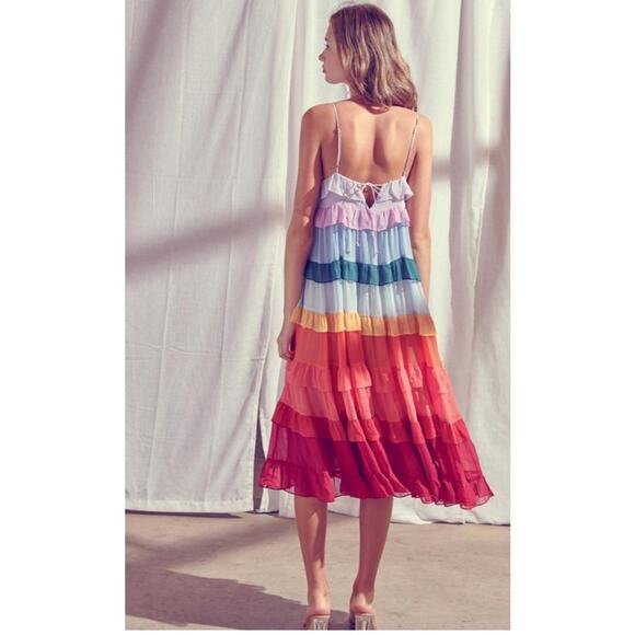 Storia Multicolored Rainbow Ruffle Tiered Midi Dress Small - Picture 4 of 8